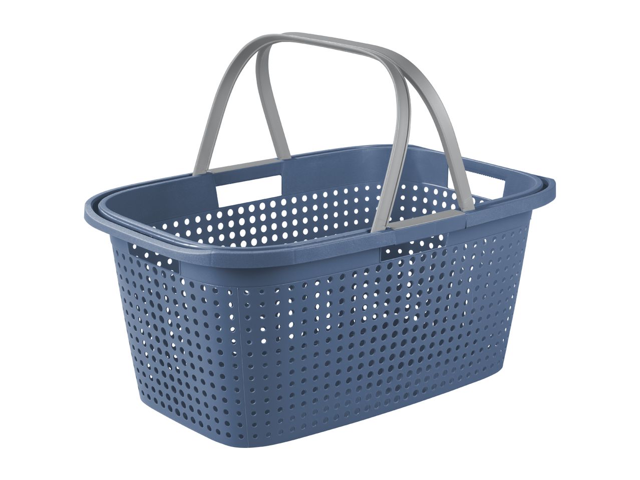 Blue plastic shopping basket with grey handles