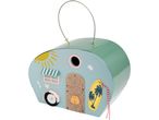 A whimsical, teal caravan-shaped Nest Box with beach-themed details hangs from a wire loop.