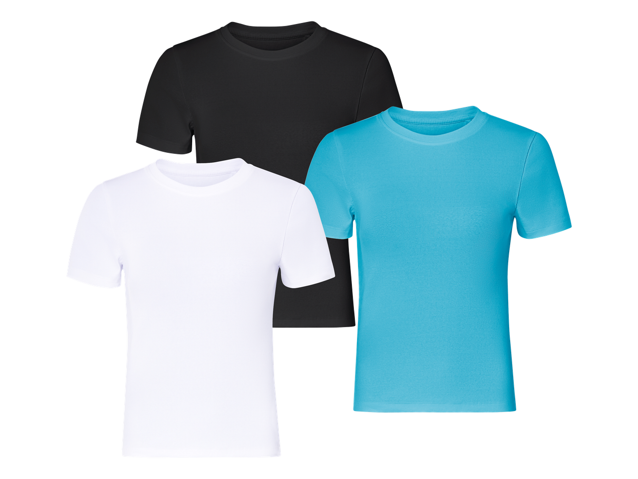 Tri rebraste majice kratkih rukava u bijeloj, crnoj i tirkiznoj boji.