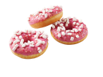 Três donuts rosas cobertos com marshmallows e confeitos.
