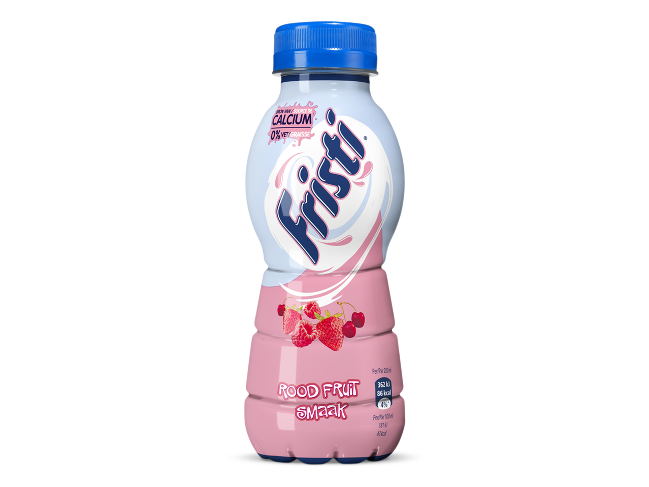 Fristi drinkyoghurt met rood fruit smaak in een flesje van 200 ml.