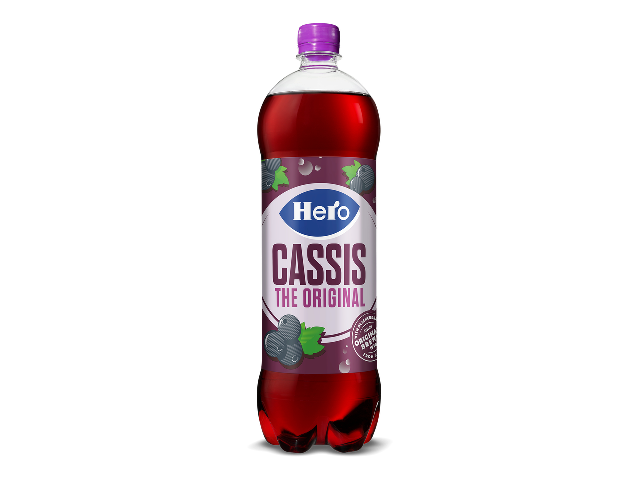 Een fles zwartebessenfrisdrank met een paarse dop en etiket.