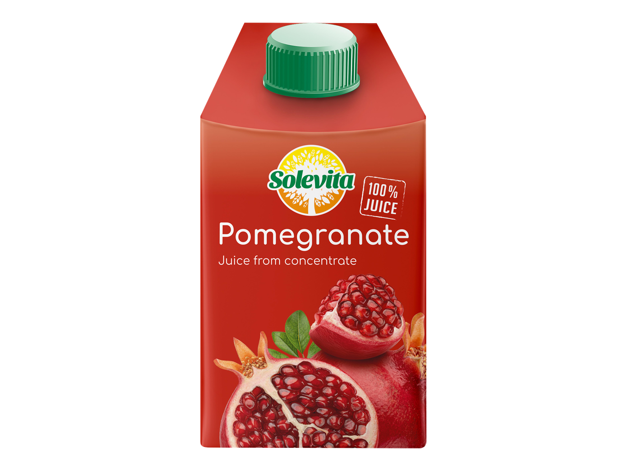 Gránátalma 100% gyümölcslé koncentrátumból, piros dobozban, zöld kupakkal.