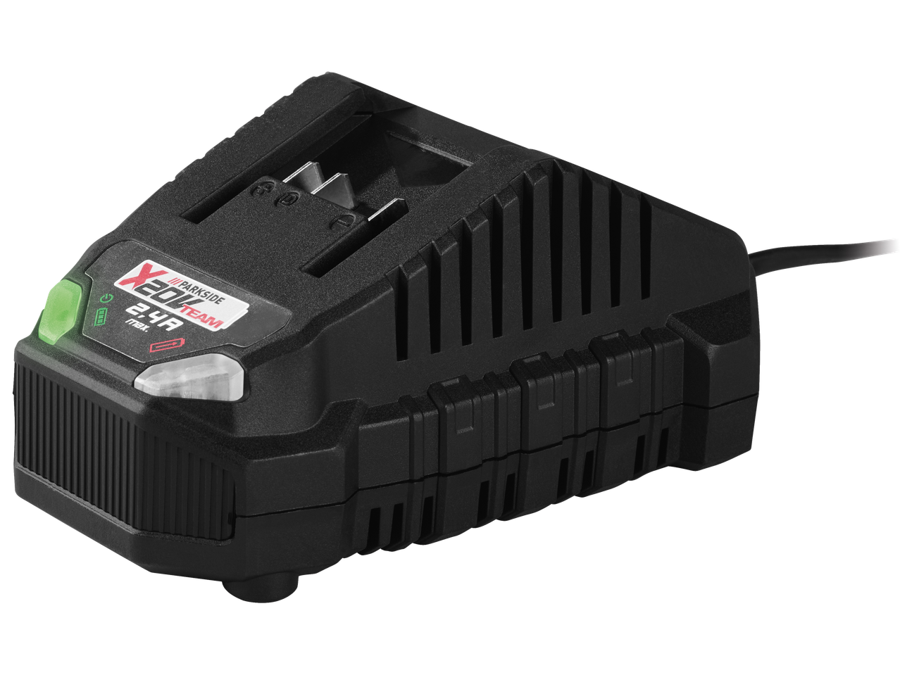 Зарядно устройство за батерии Parkside 20V с максимален ток на зареждане 2.4A.