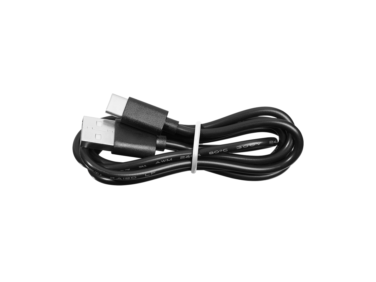 Черен USB-A към USB-C кабел, навит и завързан с бяла връзка.