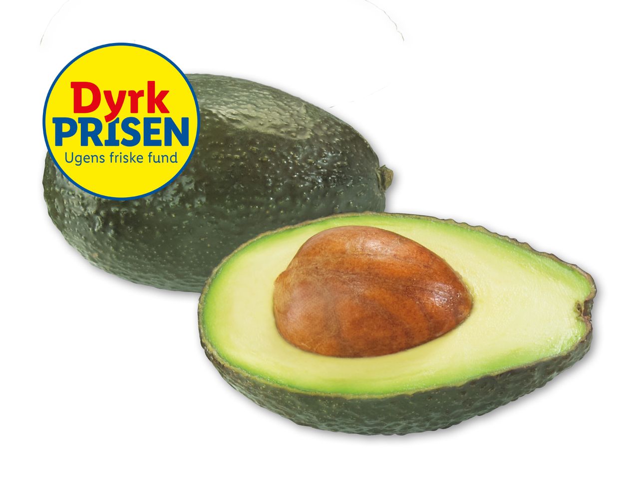 En avokado halveret med Dyrek Prisen logoet.
