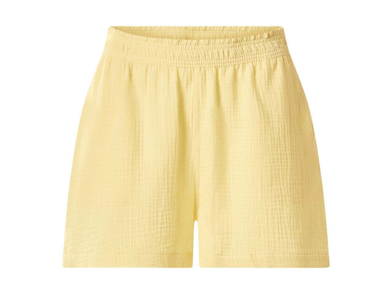 Gule shorts med elastik i taljen og en let krøllet tekstur.