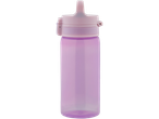 A lavender-colored plastic water bottle with a pink lid and carry handle.