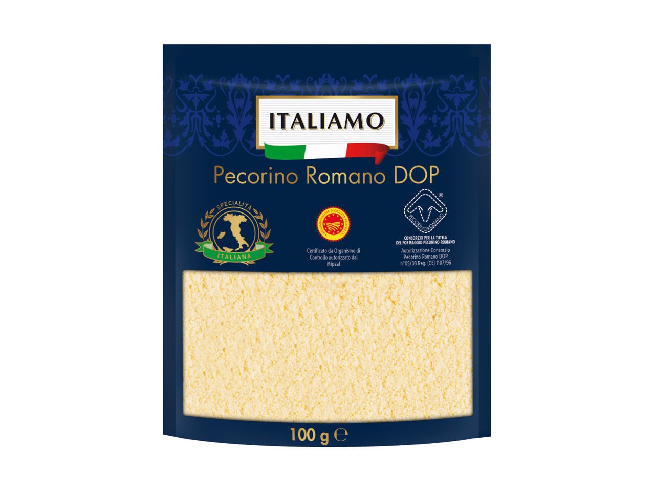 Pecorino Romano DOP grated cheese in a blue and gold package, 100g.