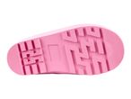 Pink rubber boot sole with a textured tread pattern.
