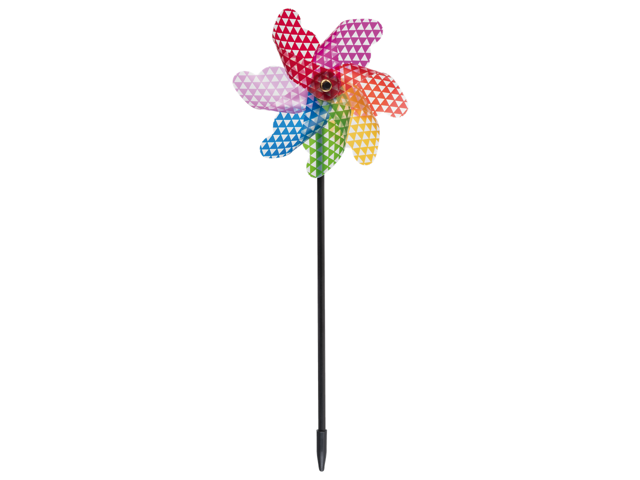 Colorful pinwheel with heart-shaped blades and a triangular pattern on a black background.