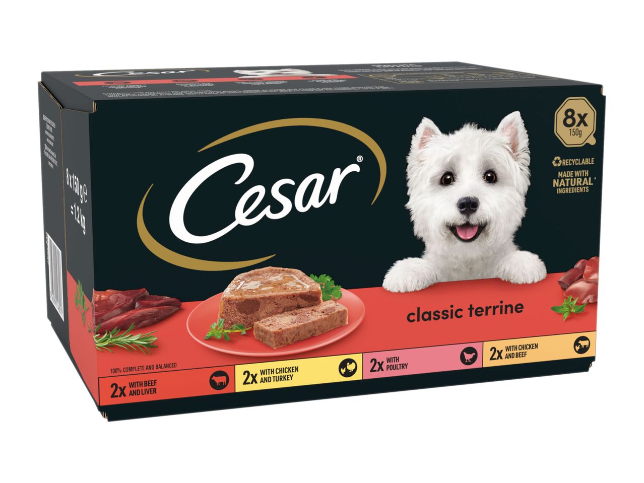 Cesar Classic Terrine wet dog food, 8 x 150g packs, featuring beef, chicken, turkey, and liver varieties.