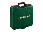 A green and black Parkside tool case with red latches and a black handle.