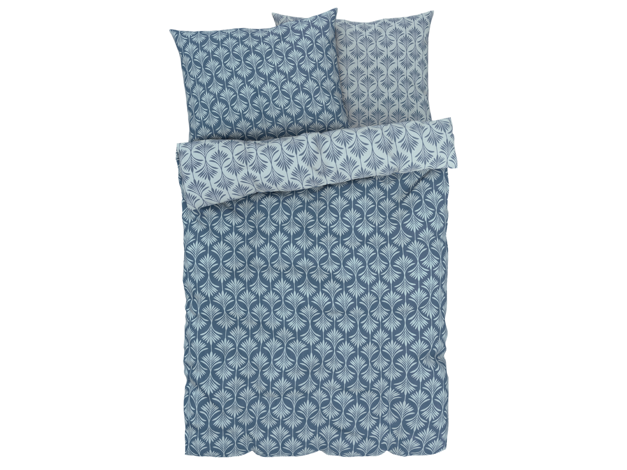Комплект спално бельо със сини и бели шарки на листа.