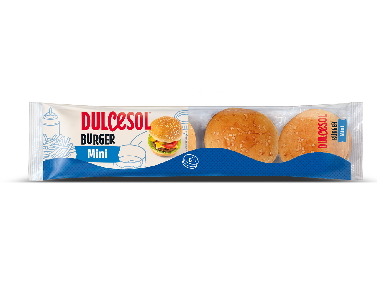 DULCESOL Mini Burgerbroodjes in verpakking, met afbeelding van een mini-burger en frietjes.