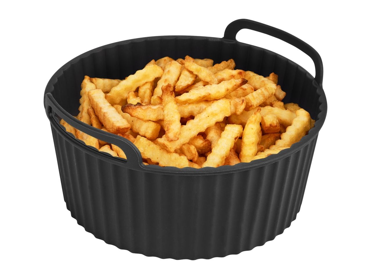 Silicone air fryer liner filled with golden crinkle-cut french fries