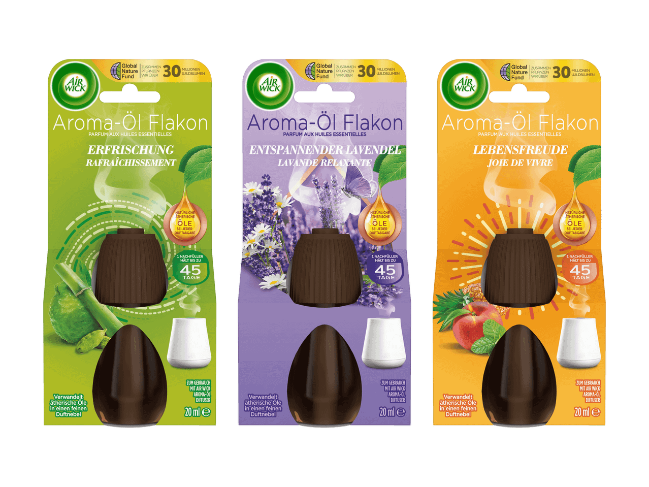 Drei Nachfüllpackungen für Aroma-Öl-Diffusoren in den Düften Erfrischung, Lavendel und Lebensfreude.