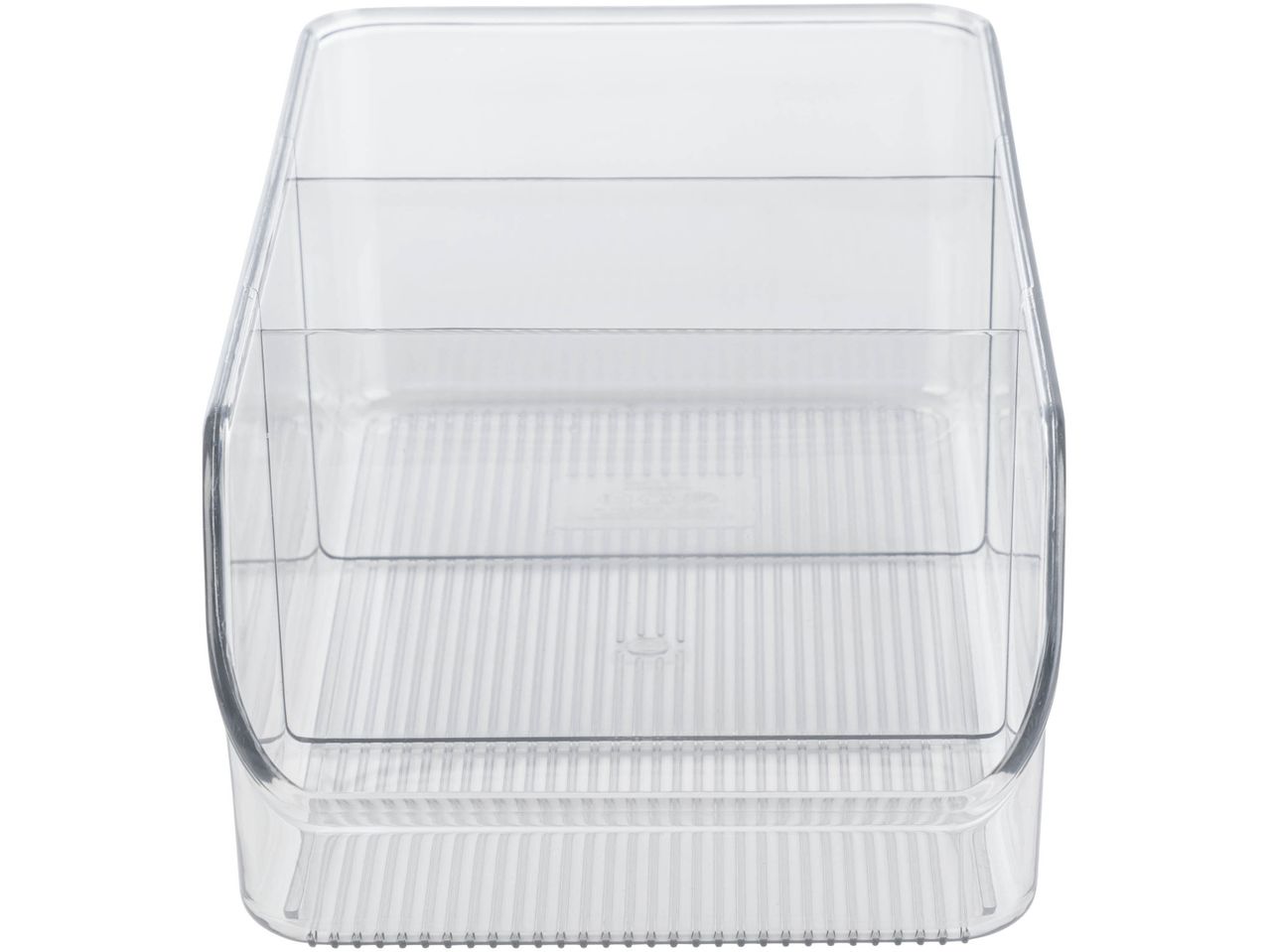 Clear plastic storage bin with three compartments