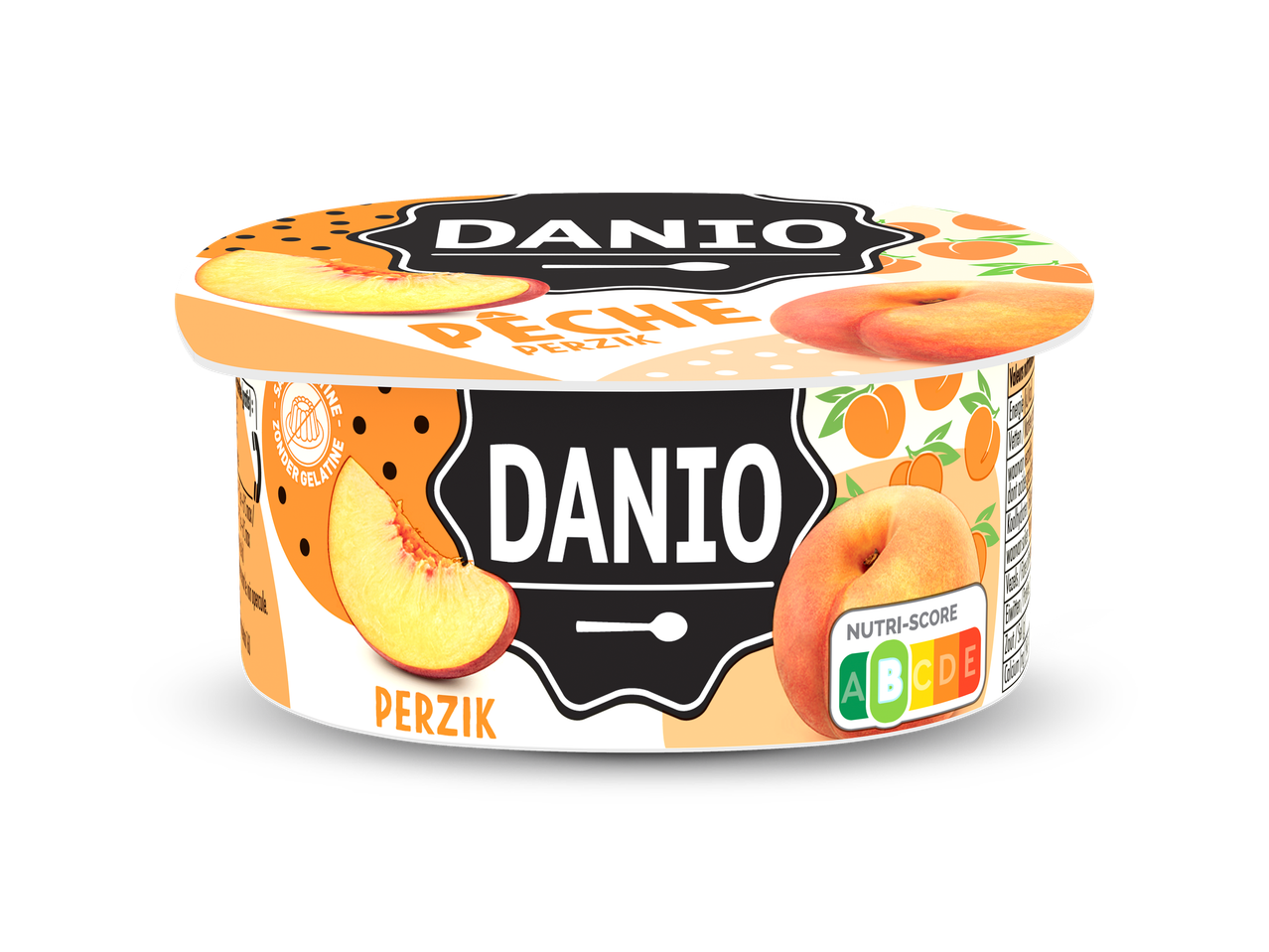 Een perzikyoghurt met de tekst 'PECHE PERZIK' en een Nutri-Score A.
