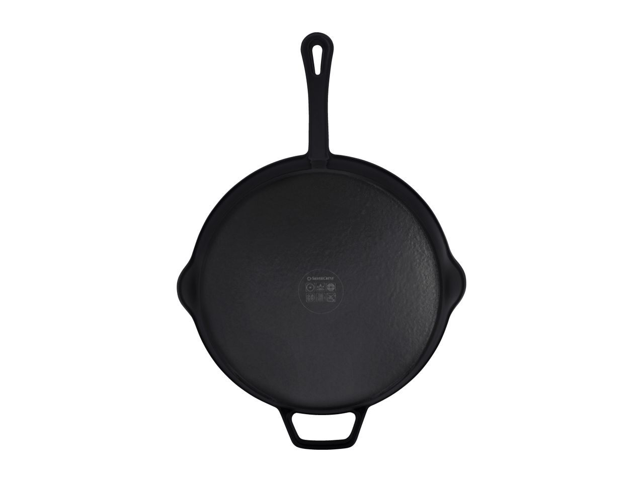 Black cast iron skillet with a long handle and two small side handles, viewed from above.