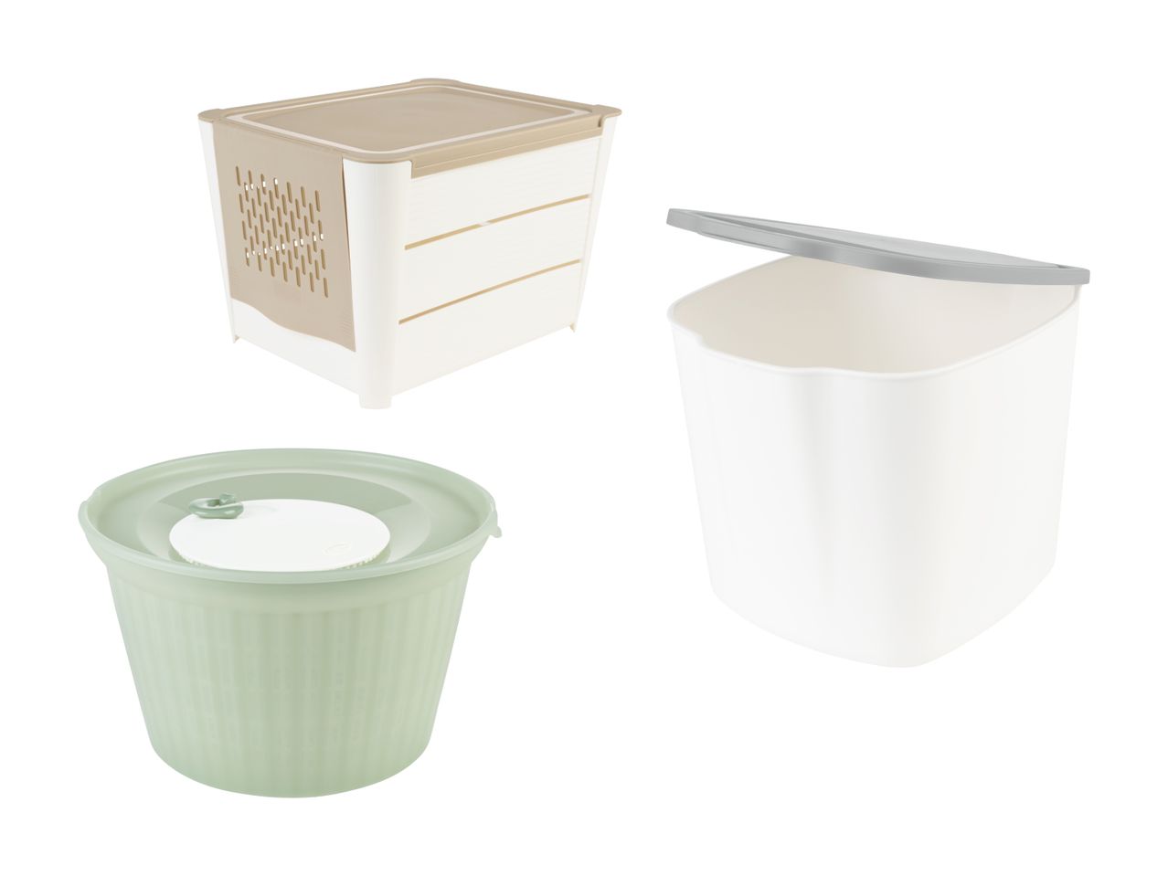 Trois contenants en plastique : une boîte de rangement beige, un récipient blanc avec couvercle et une essoreuse à salade verte.