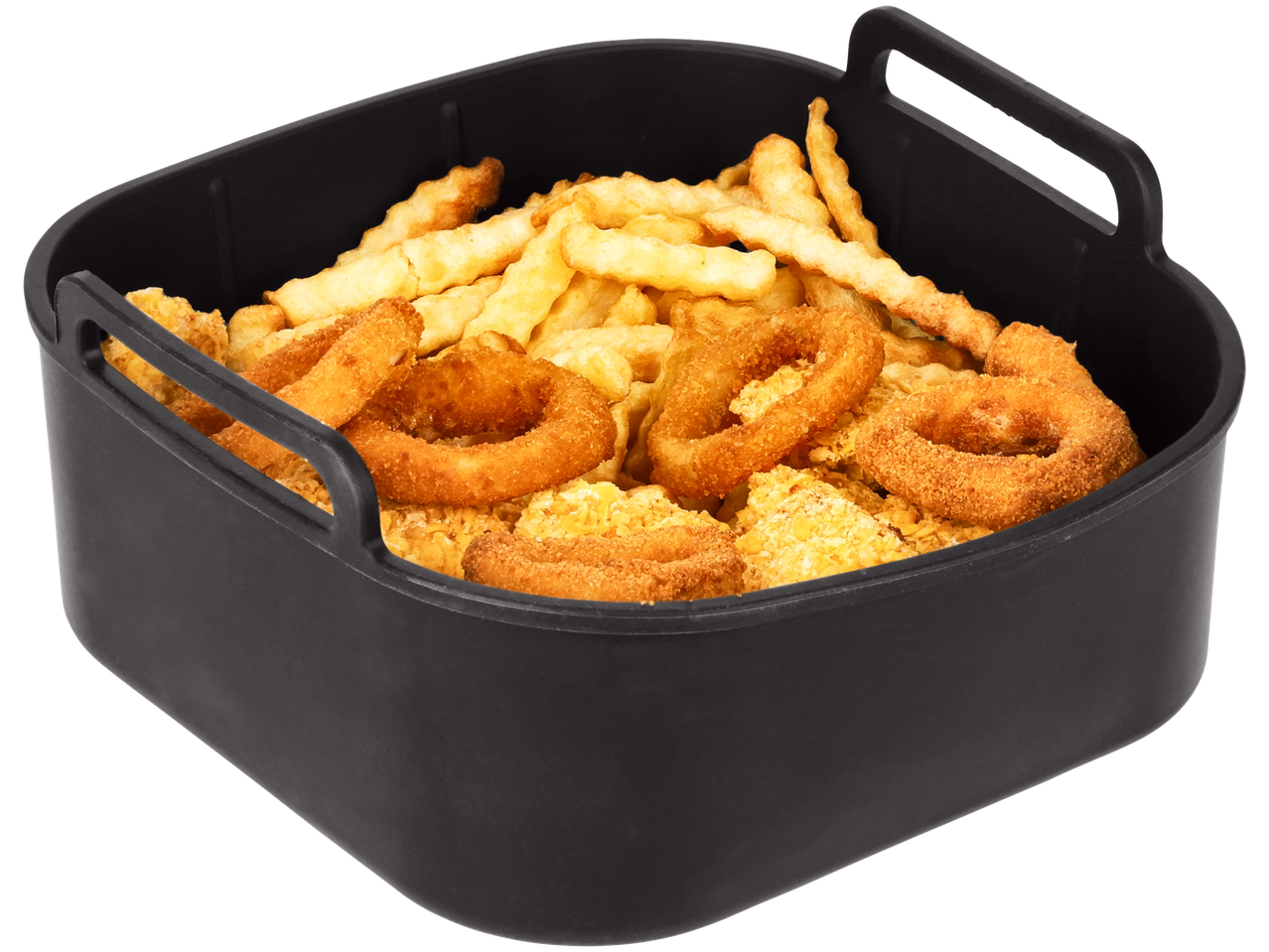 SILVERCREST® Silicon Air Fryer Insert filled with fries, onion rings, and chicken nuggets.