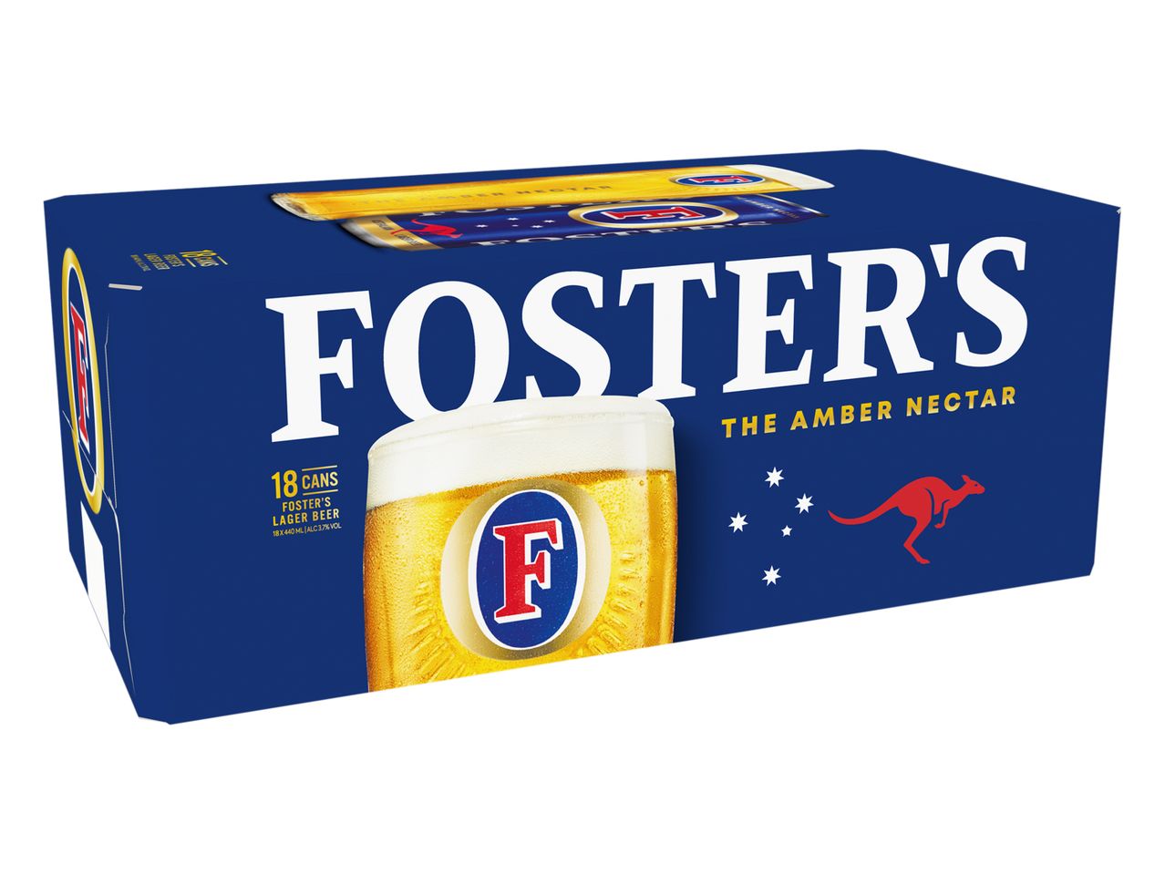 An 18-pack of Foster's Lager beer cans, showcasing the brand's iconic logo and Australian imagery.