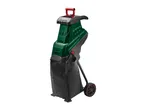 Green garden shredder with a red handle and a black collection bag on wheels.