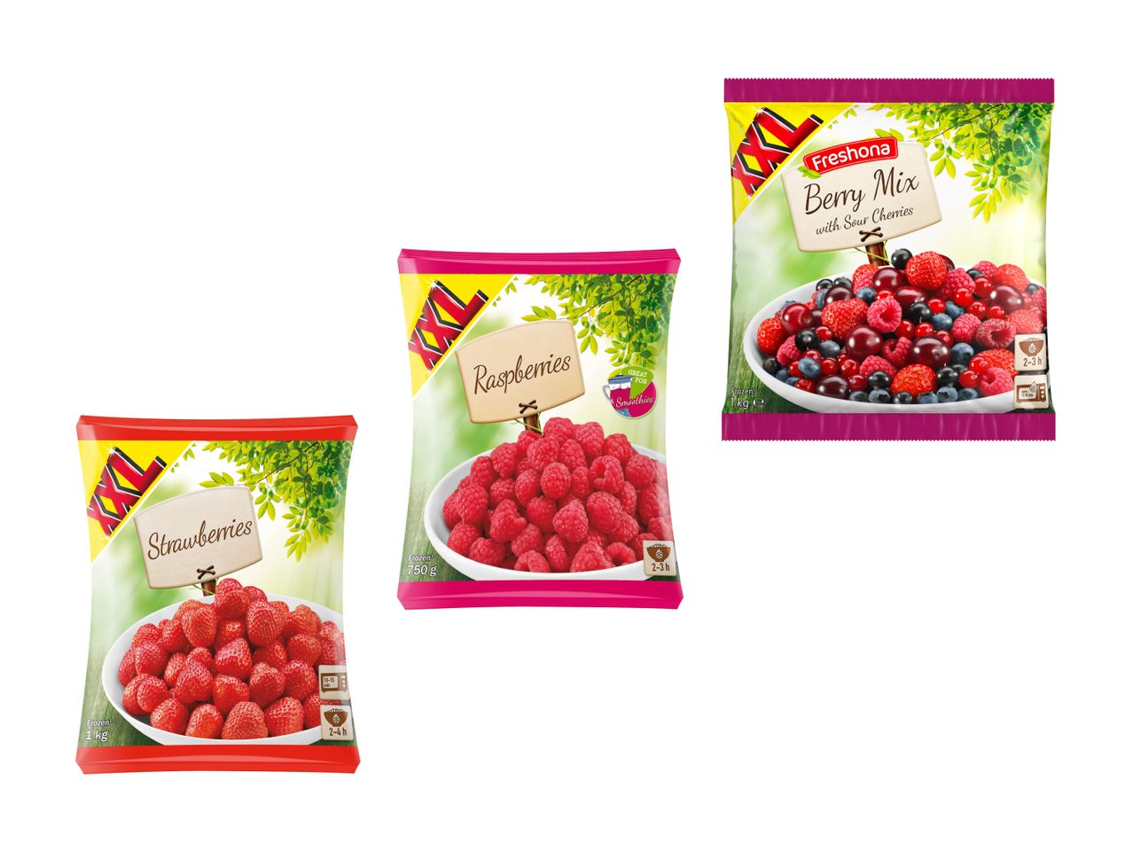 Trois sachets de fruits rouges surgelés : framboises et mélange de fruits rouges.