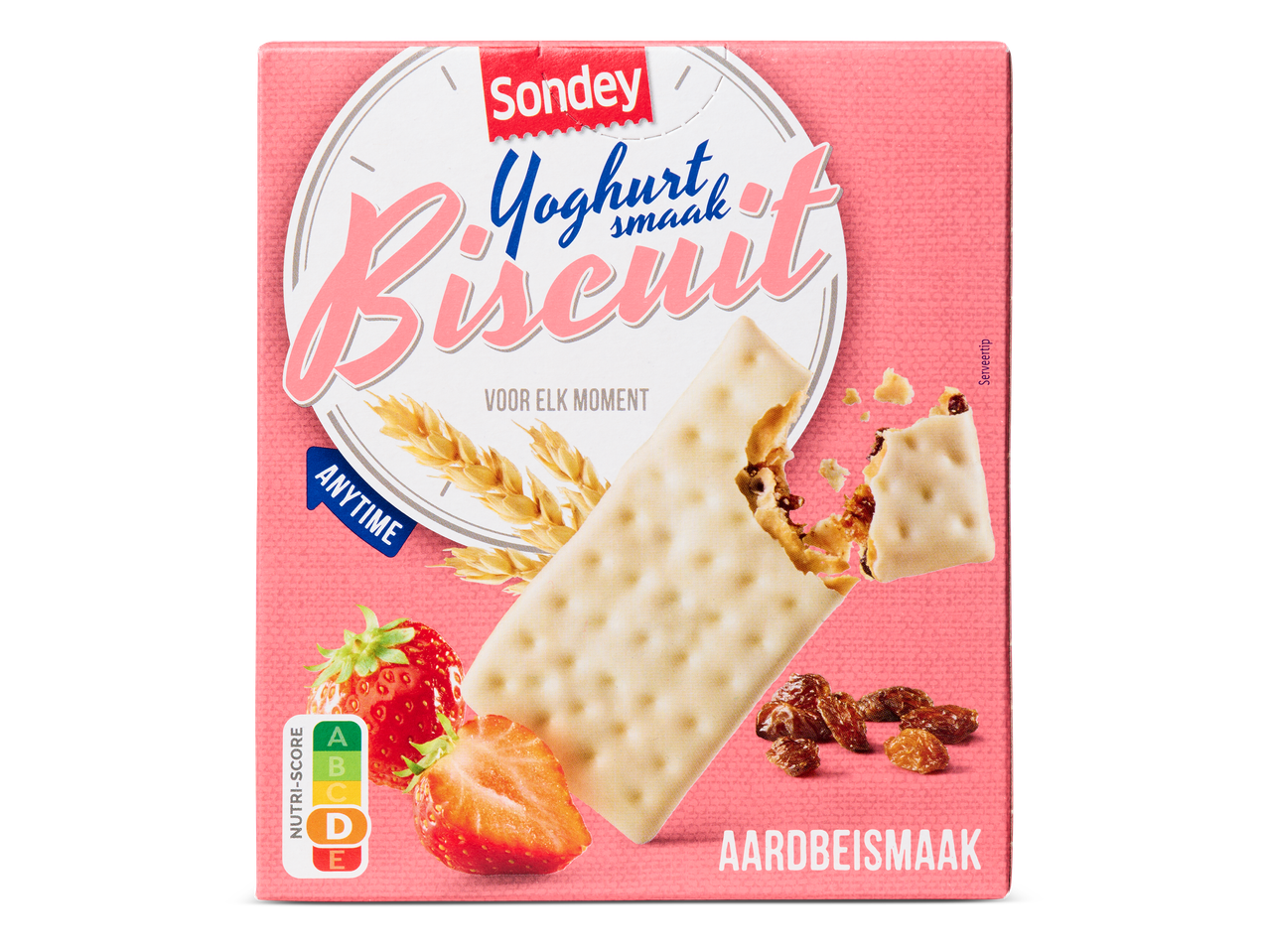 Een verpakking yoghurtbiscuit met aardbeismaak.