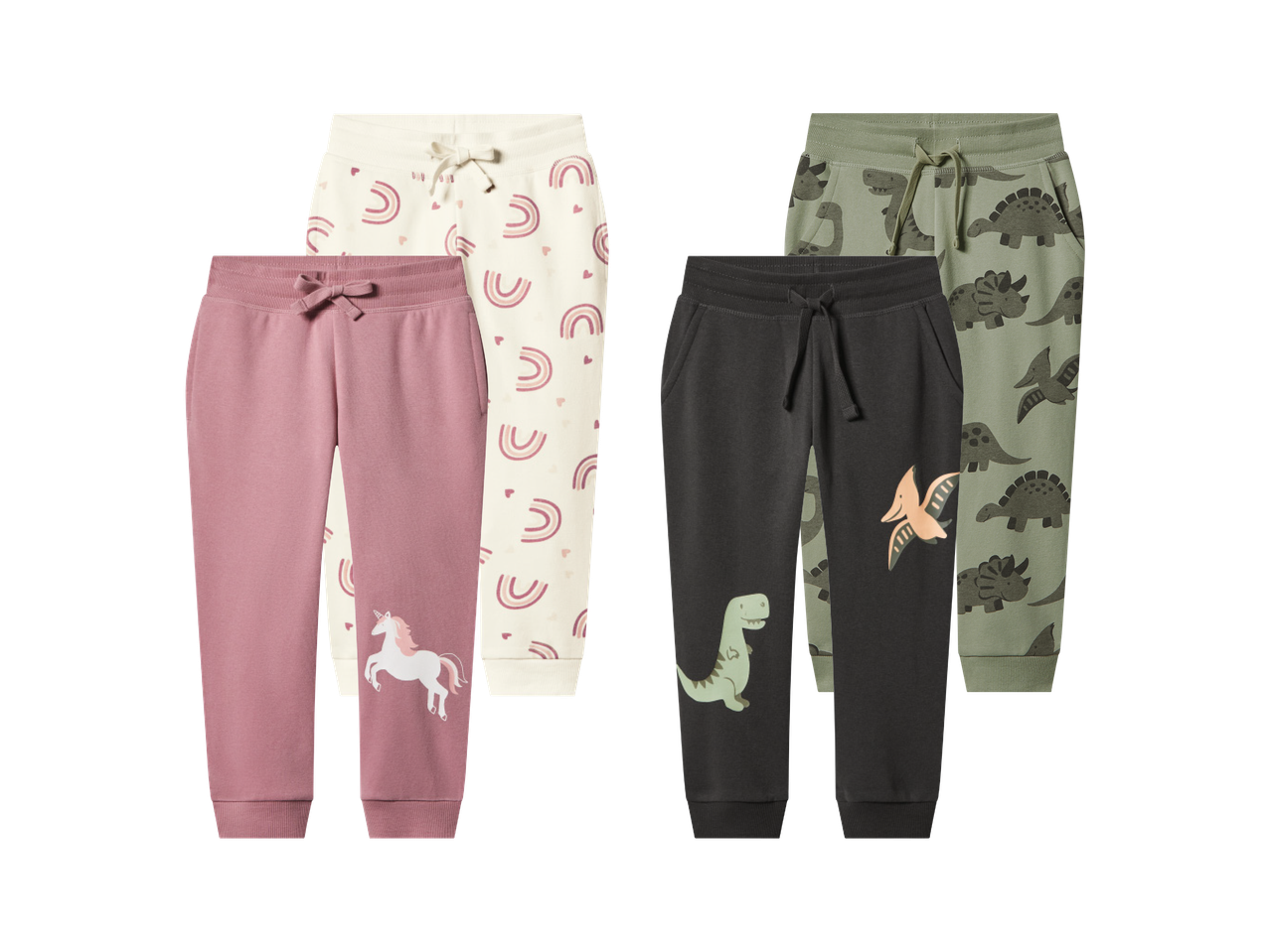 Dječje hlače s uzorcima duge, jednoroga i dinosaura.