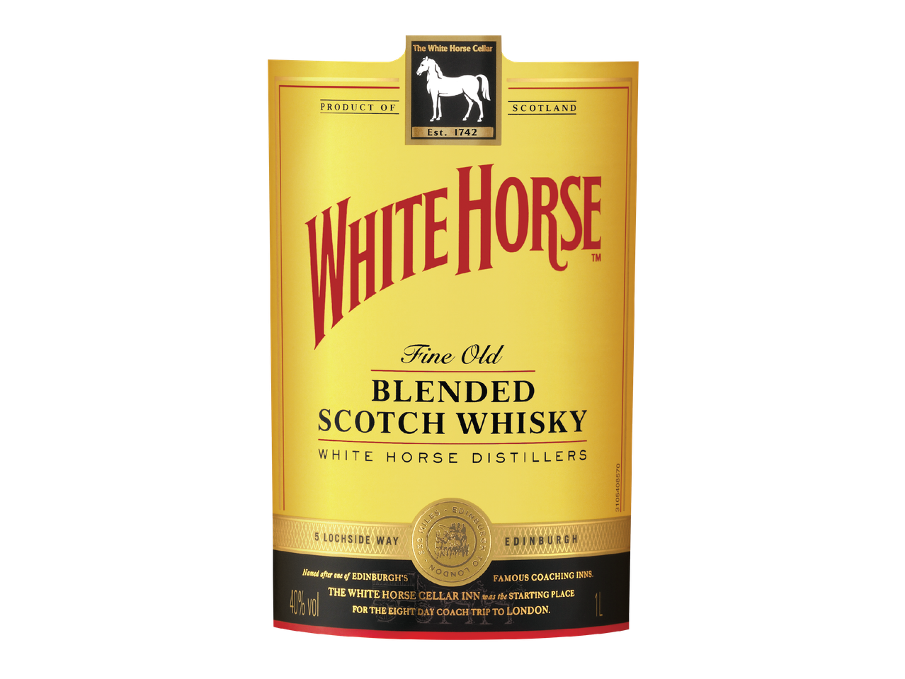 Етикет на бутилка уиски с надпис „Fine Old Blended Scotch Whisky“ и „White Horse“.