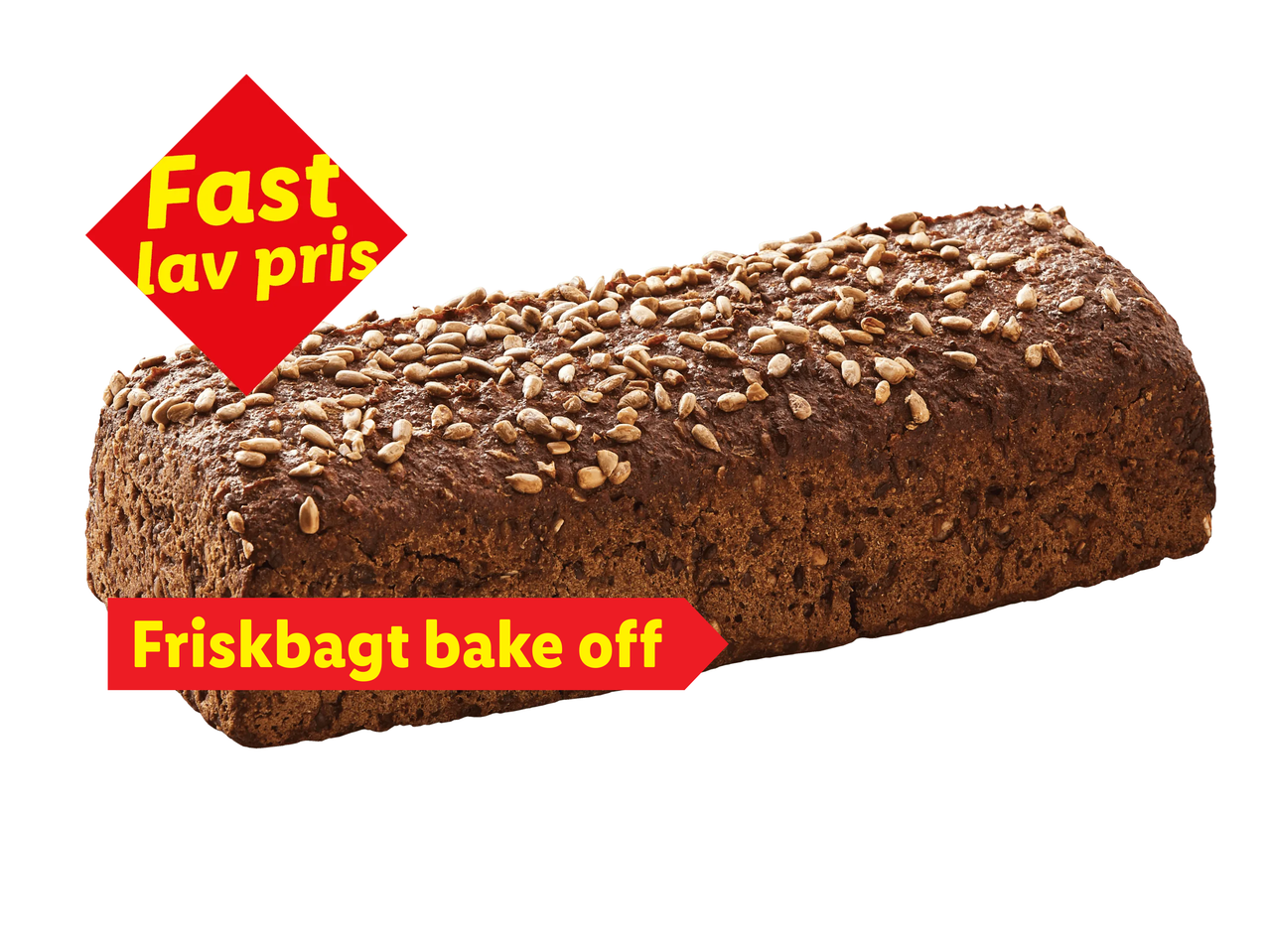 Et rugbrød med solsikkekerner, mærket 'Fast lav pris' og 'Friskbagt bake off'.