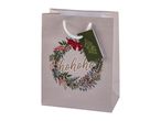 Christmas gift bag with a festive wreath design and 'hohoho' text.
