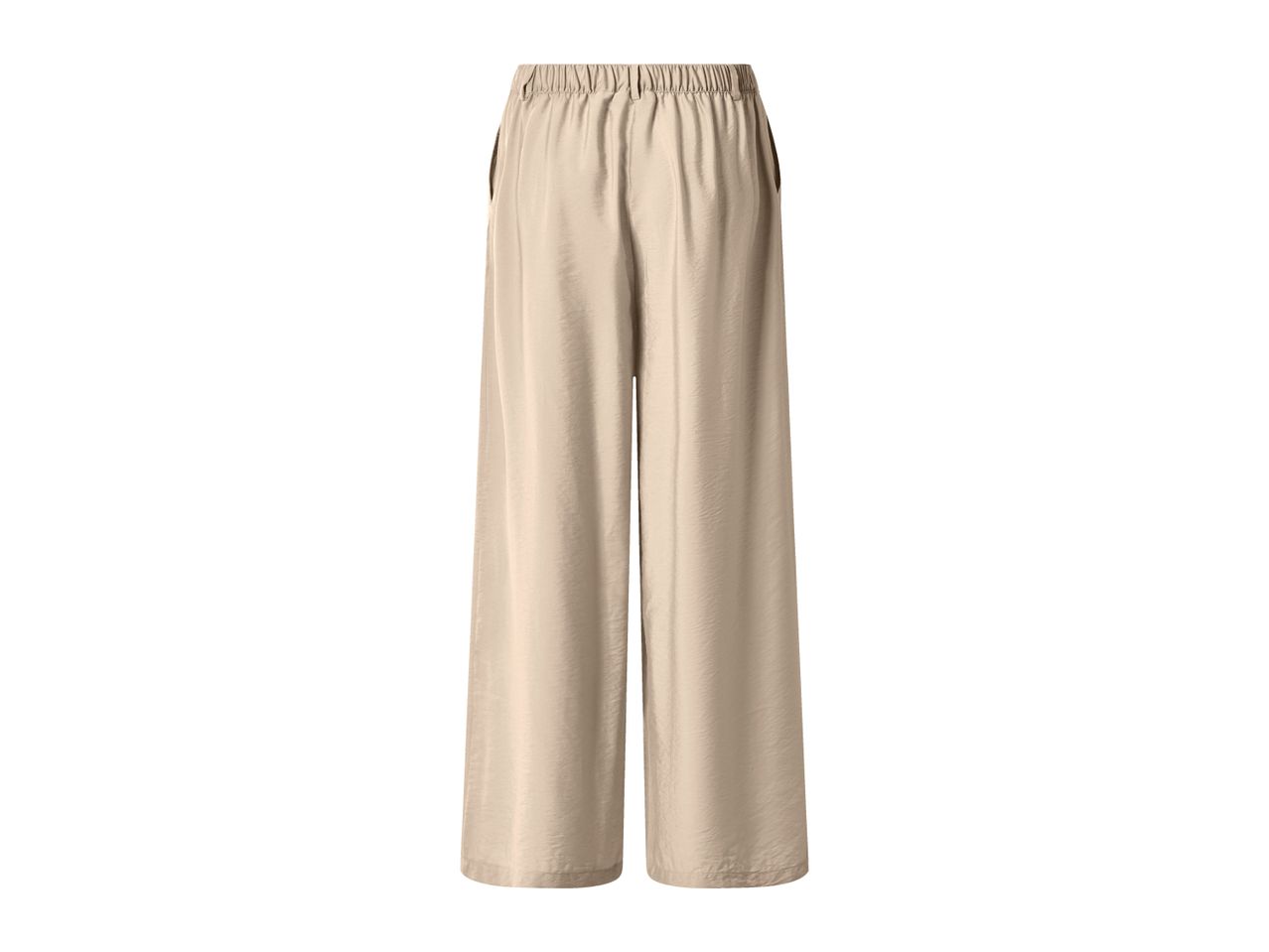 Back view of beige wide-leg trousers with an elasticated waist