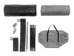 Camping tent components: rolled tent fabric, poles, stakes, and a carry bag.