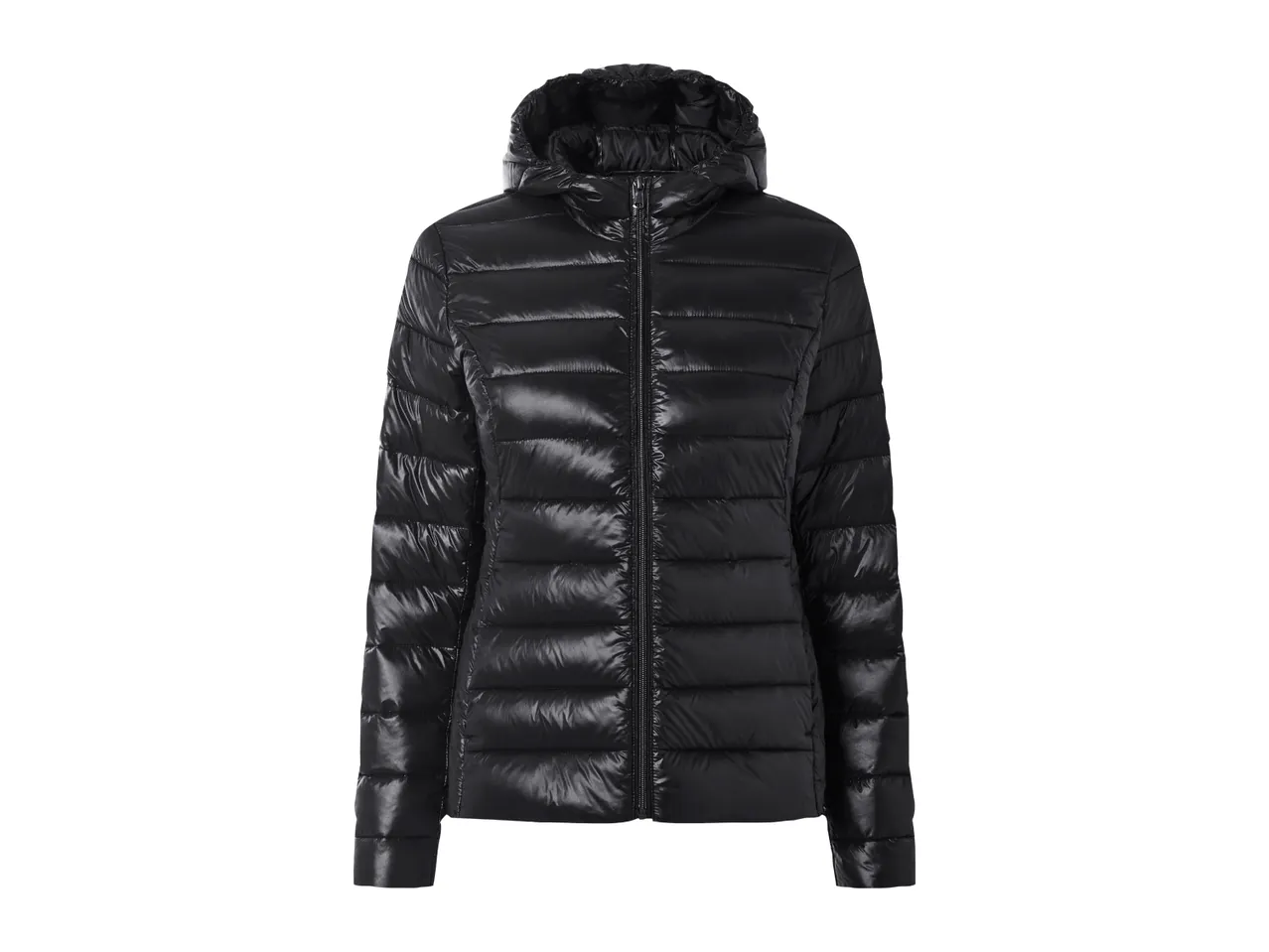 Black shiny puffer jacket with a hood and zipper.