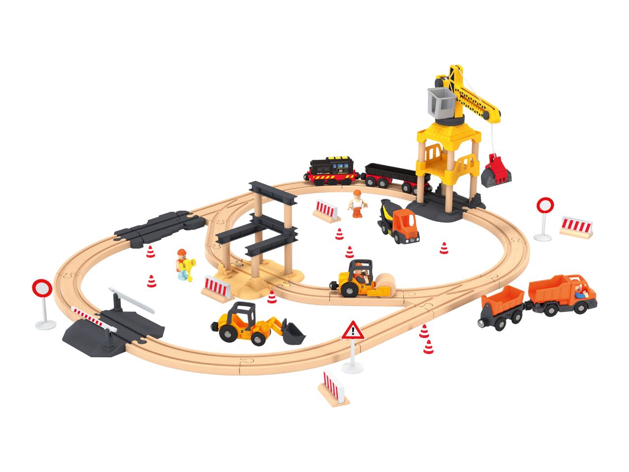 Wooden toy train set with construction vehicles, crane, and workers on a white background.