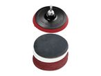Sanding pad with a shaft and a stack of various sanding discs, including red, white, and black.