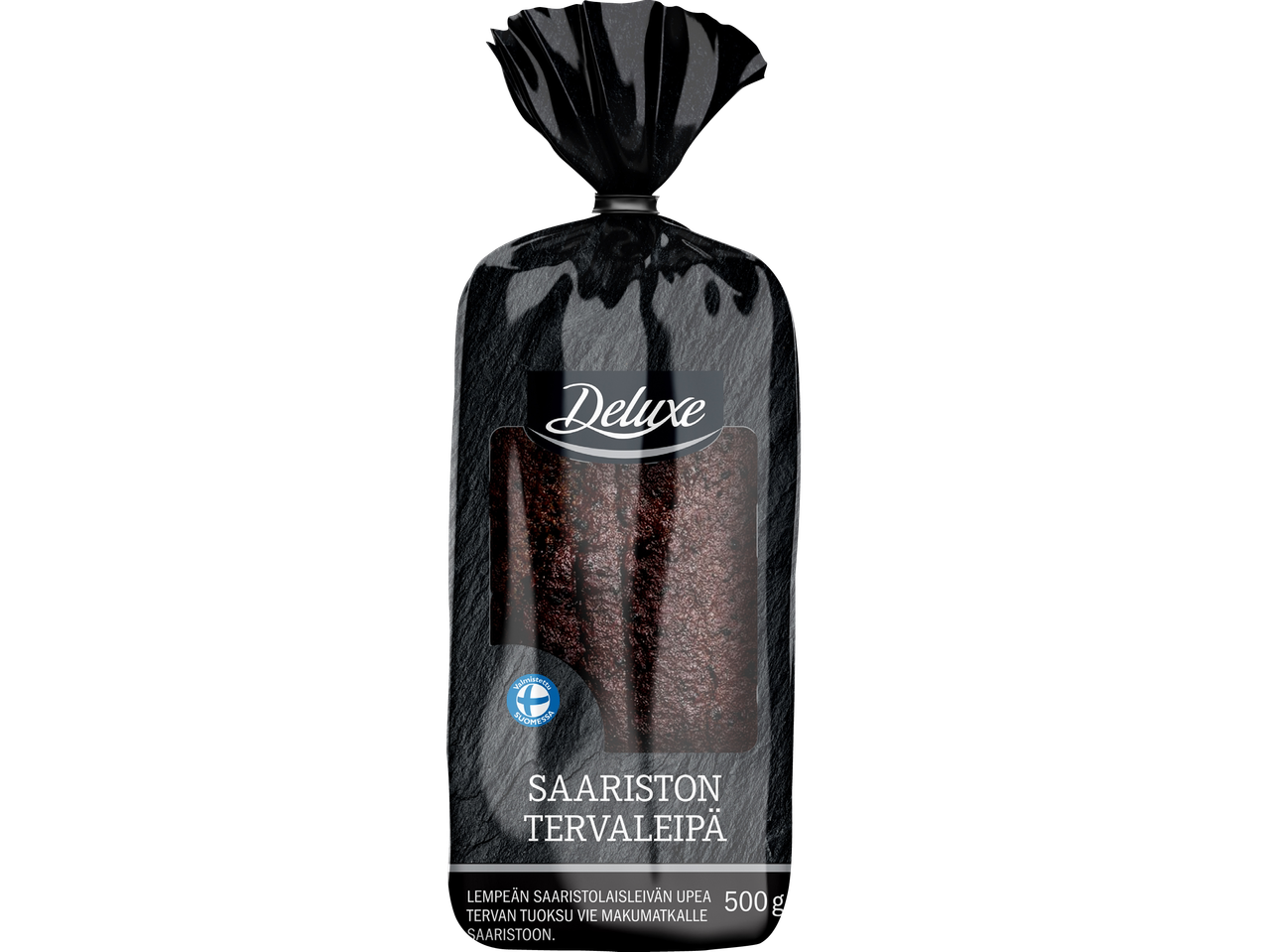 Deluxe skärgårdsbröd med tjärsmak i svart förpackning, 500 g.