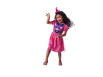 Young girl in a Paw Patrol Skye witch costume with a pink hat and dress.