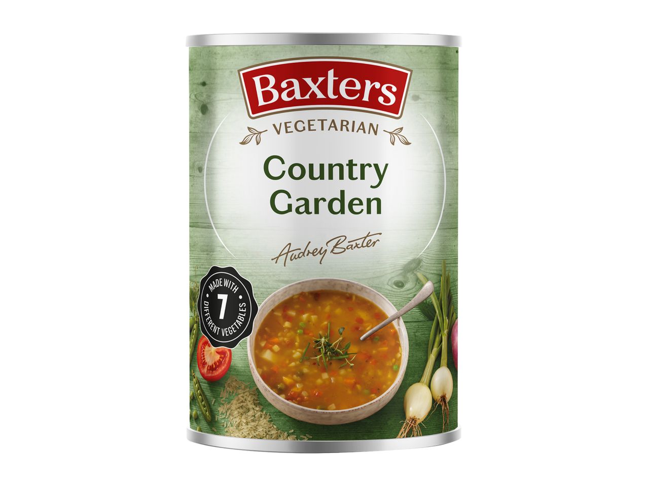 Baxters Vegetarian Country Garden soup can with a bowl of soup and fresh vegetables.
