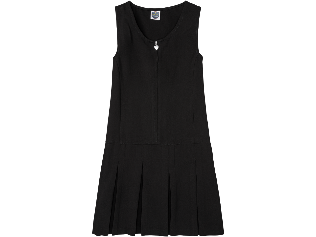 Black kids' pinafore with a heart-shaped zipper pull and a 'Smart Start' label.