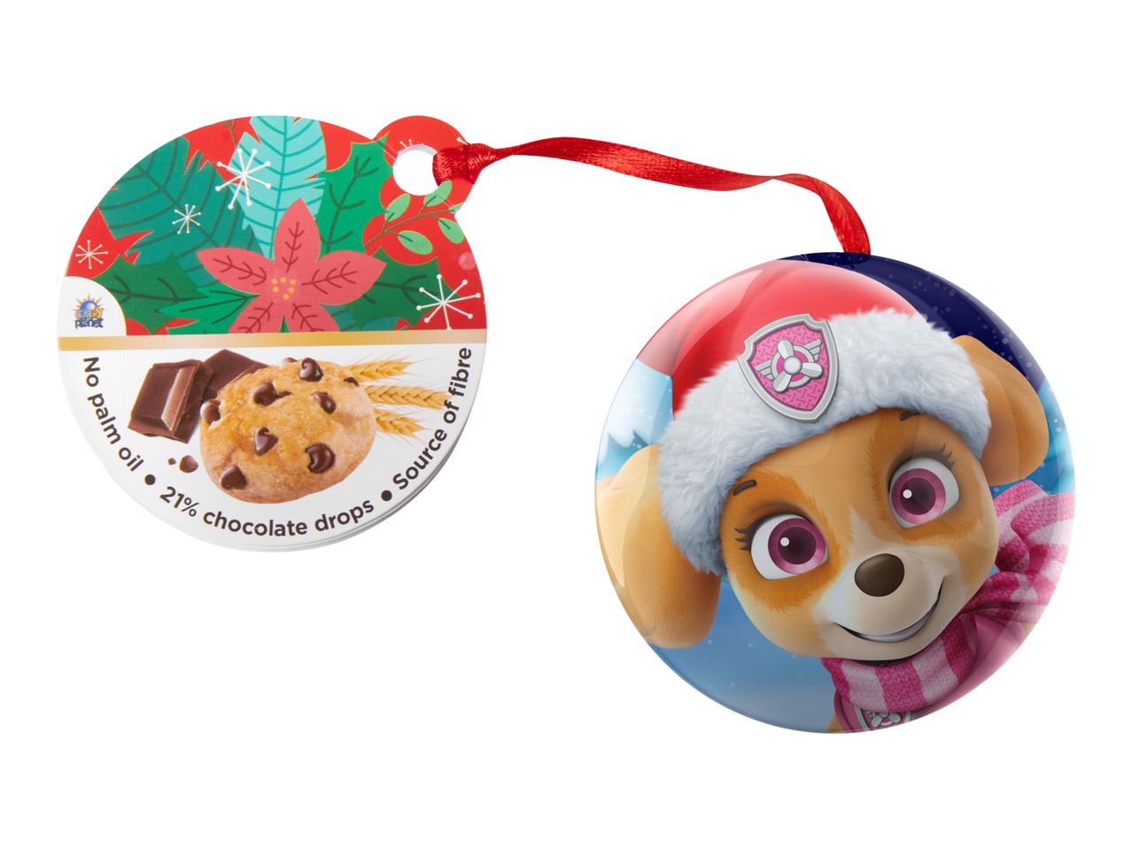 Christmas ornament with Paw Patrol's Skye and a cookie tag: 'No palm oil, 21% chocolate drops, Source of fibre'