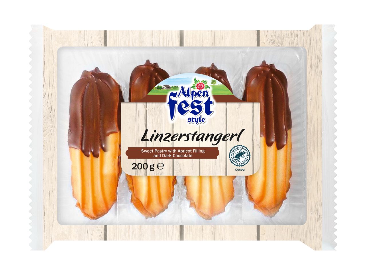 Alpen Fest Linzerstangerl, sweet pastry with apricot filling and dark chocolate.