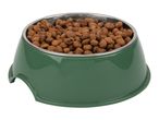 A green pet bowl with a stainless steel insert is filled with brown dog kibble.