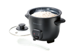 Panela de arroz preta Silvercrest com arroz, tampa e colher.