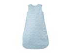 Light blue baby sleeping bag with white, light blue, and brown polka dots.