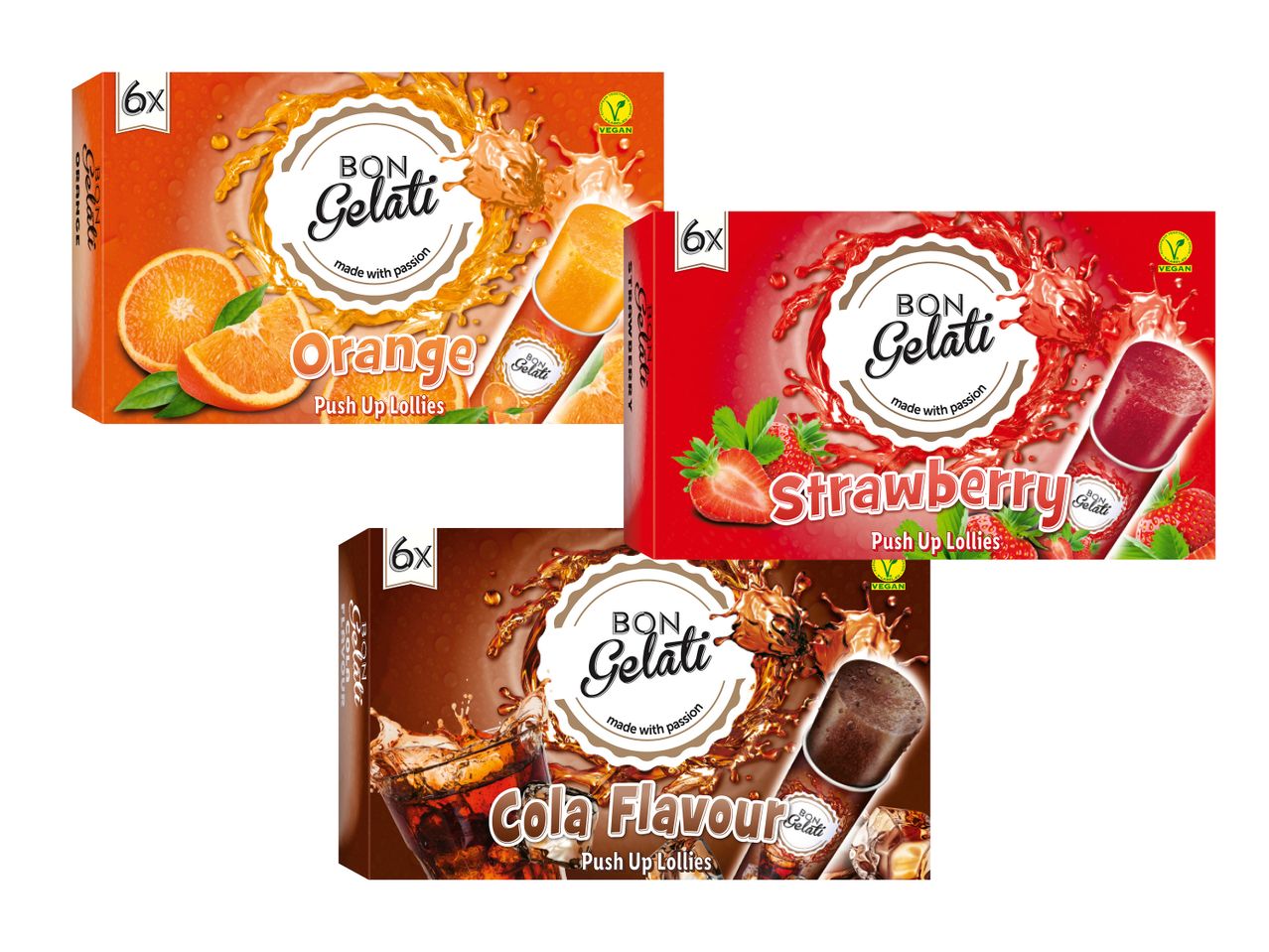 Tri škatle Bon Gelati potisnih sladoledov z okusi pomaranče, jagode in kole.