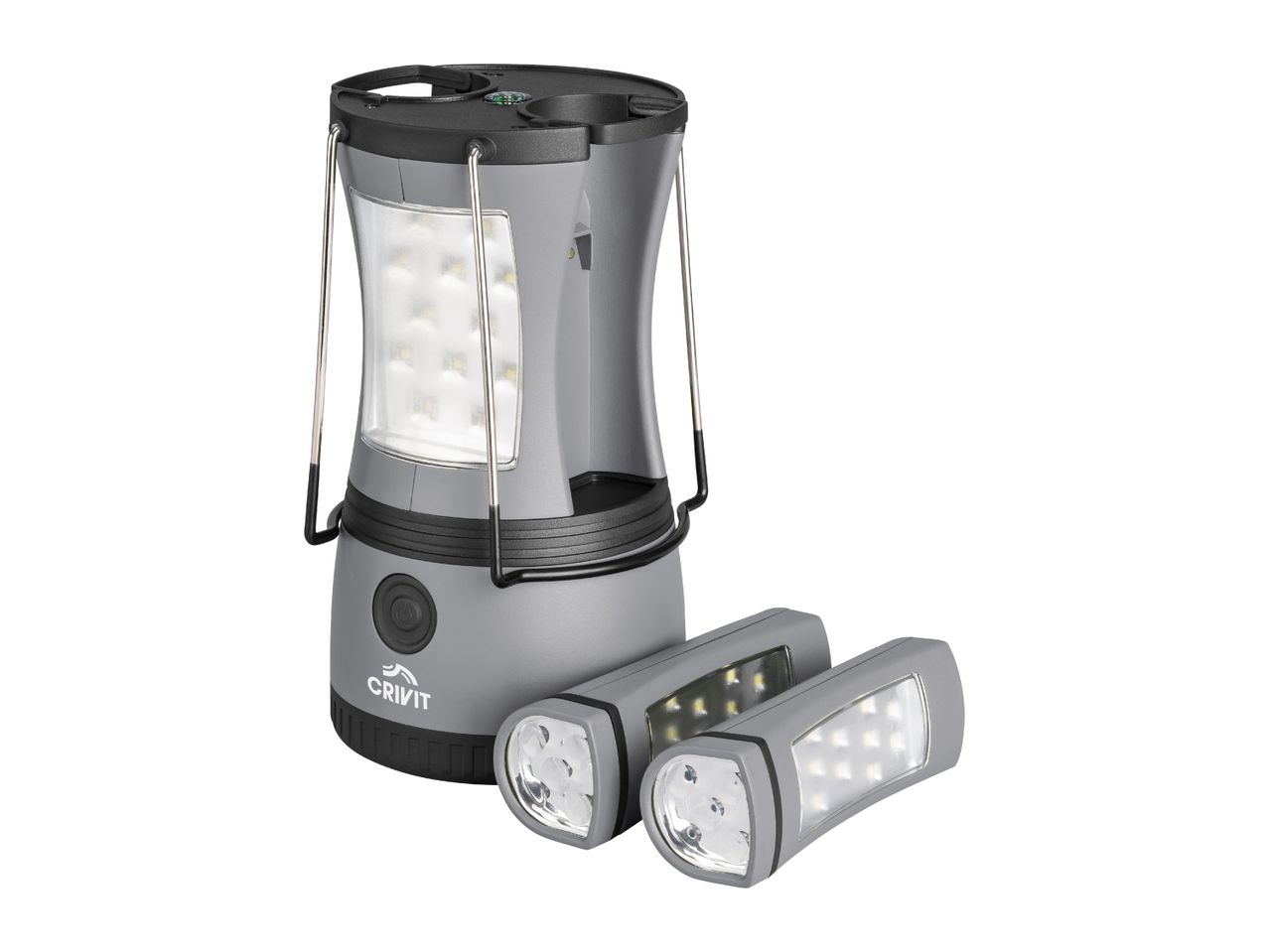 Grey camping lantern with two detachable flashlights, featuring LED lights and a compass.